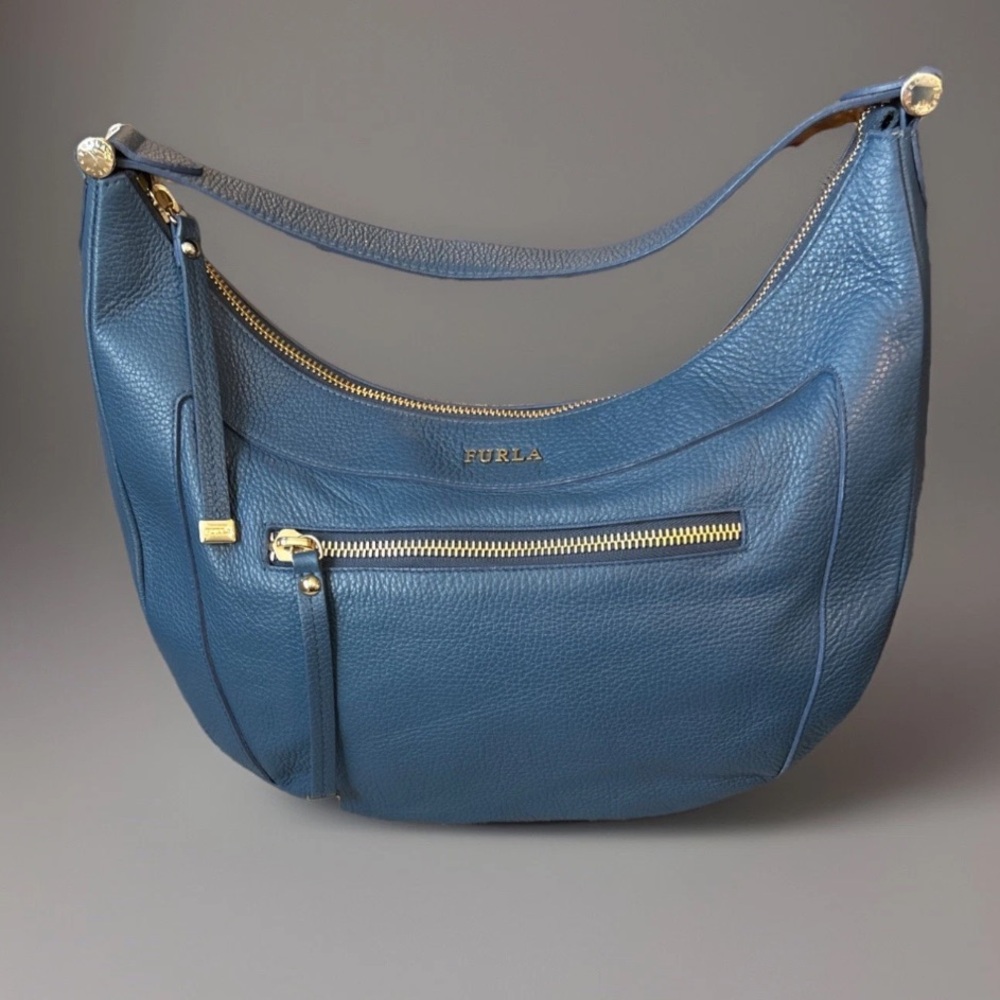 Furla Slate Blue And Gold Tone Ginevra Medium Hobo Pebbled Leather Shoulder Bag